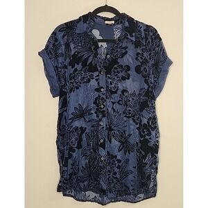 Ecote Anora Womens S Floral Short Rollup Sleeve Burnout Velvet Button Down Luxe